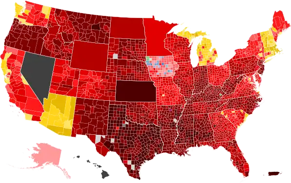 Results by county, shaded according to winning candidate's percentage of the vote