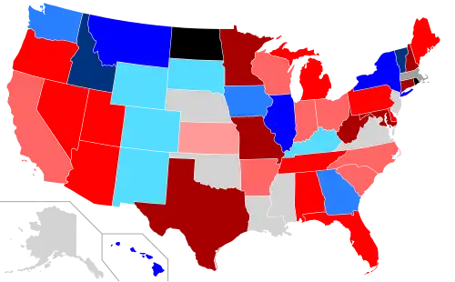 Net changes to lower house seats after the 2002 elections      +1 Rep seat      +2 Rep seats      +3–5 Rep seats      +6–22 Rep seats      +1 Dem seat      +2 Dem seats      +4–5 Dem seats      +7 Dem seats      +1 Ind seat      Chamber decreased in size