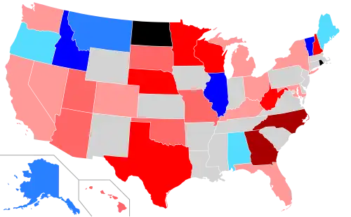 Net changes to upper house seats after the 2002 elections      +1 Rep seat      +2 Rep seats      +3–5 Rep seats      +6–7 Rep seats      +1 Dem seat      +2 Dem seats      +3–5 Dem seats      Chamber decreased in size