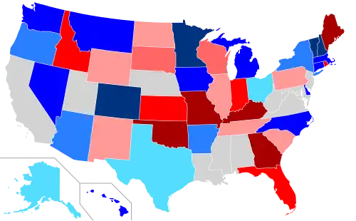 Net changes to lower house seats after the 2004 elections      +1 Dem seat      +2 Dem seats      +3–5 Dem seats      +7–29 Dem seats      +1 Rep seat      +2 Rep seats      +3–5 Rep seats      +6–25 Rep seats