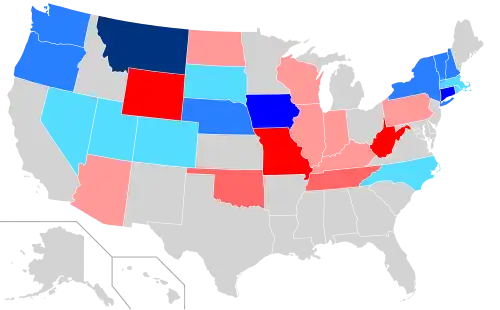 Net changes to upper house seats after the 2004 elections      +1 Dem seat      +2 Dem seats      +3–4 Dem seats      +6 Dem seats      +1 Rep seat      +2 Rep seats      +3 Rep seats