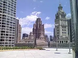 Clock tower of Chicago's Wrigley Building from Trump International Hotel and Tower.