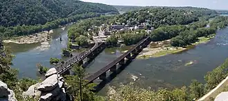 Aerial view of Harpers Ferry from Maryland Heights at the confluence of the Shenandoah (left) and Potomac Rivers