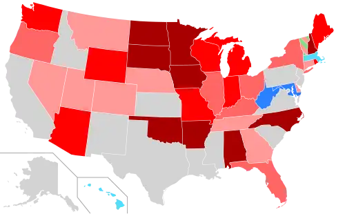 Net changes to upper house seats after the 2010 elections      +1 Rep seat      +2 Rep seats      +3–5 Rep seats      +6–16 Rep seats      +1 Dem seat      +2 Dem seats      +1 Prog seat