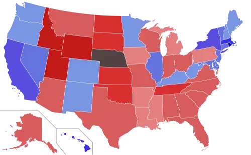 Lower house seats by party holding majority in each state Republican  50–60%  60–70%  70–80%  80–90%  90–100% Democratic  50–60%  60–70%  70–80%  80–90%  90–100%