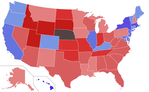 Lower house seats by party holding majority in each state Republican  50–60%  60–70%  70–80%  80–90%  90–100% Democratic  50–60%  60–70%  70–80%  80–90%  90–100%