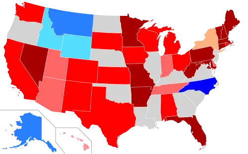 Net changes to lower house seats after the 2014 elections      +1 Rep seat      +2 Rep seats      +3–5 Rep seats      +6–60 Rep seats      +1 Dem seat      +2 Dem seats      +3 Dem seats      +1 Con seat
