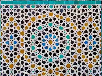 Complex geometric motifs in zellij (mosaic tilework) at the Bou Inania Madrasa in Fez (14th century, Marinid period)