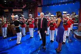 A detachment of "The President's Own", the U.S. Marine Band, appears with First Lady of the United States Michelle Obama on The Late Show with David Letterman in 2015