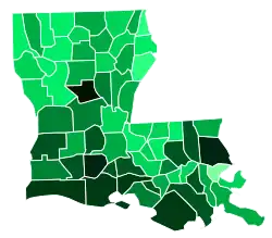 Support for Maness by parish:   >9%   8–9%   7–8%   6–7%   5–6%   4–5%   3–4%   2–3%   1–2%   <1%
