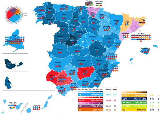 Map of Spain showcasing seat distribution by Congress of Deputies constituency