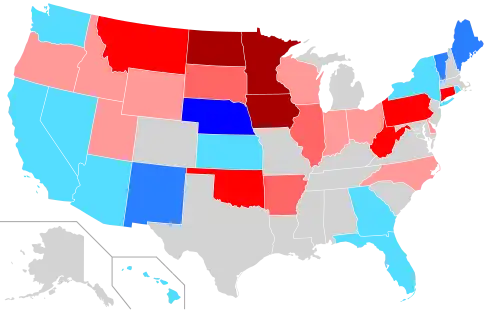 Net changes to upper house seats after the 2016 elections      +1 Dem seat      +2 Dem seats      +3 Dem seats      +1 Rep seat      +2 Rep seats      +3–4 Rep seats      +6 Rep seats