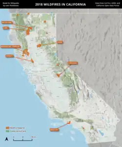 A map of wildfires in California in 2018, using Cal Fire data