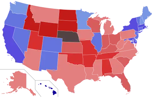Lower house seats by party holding majority in each state Republican  50–60%  60–70%  70–80%  80–90%  90–100% Democratic  50–60%  60–70%  70–80%  80–90%  90–100%