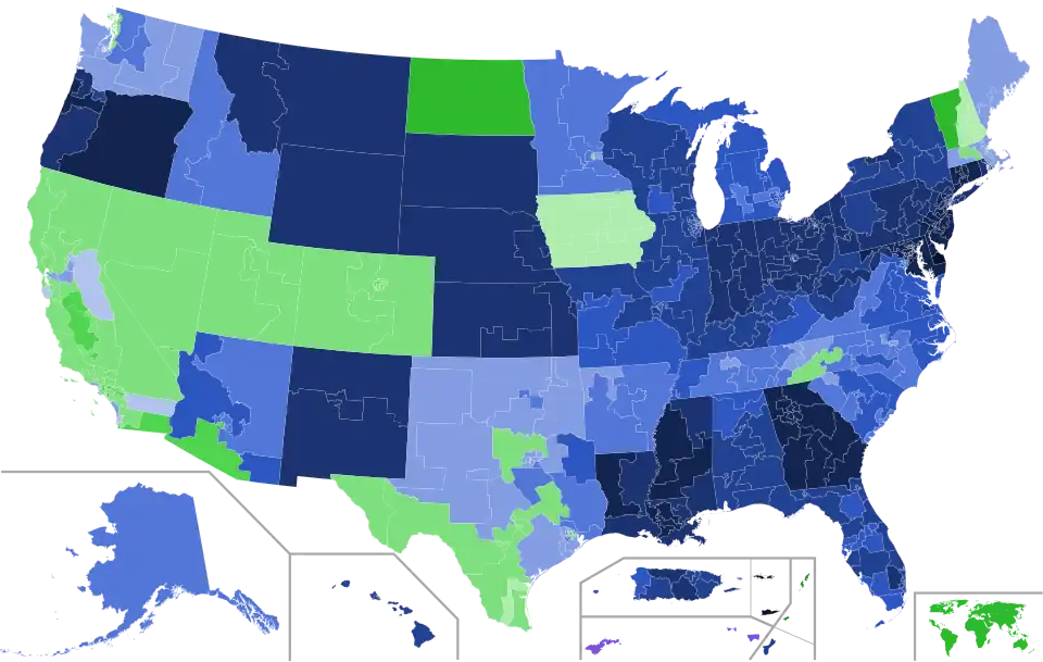 Results by delegate district (usually congressional district) by first preference vote. Darker colors denote greater support for the leading candidate.