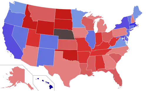 Lower house seats by party holding majority in each state Republican  50–60%  60–70%  70–80%  80–90%  90–100% Democratic  50–60%  60–70%  70–80%  80–90%  90–100%