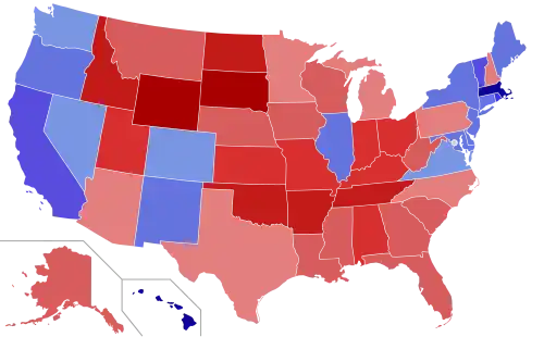 Upper house seats by party holding majority in each state Republican  50–60% 