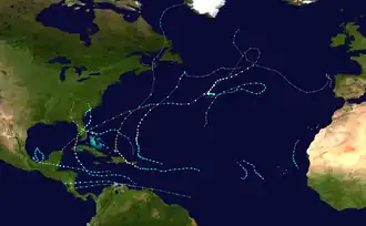A map of the tracks of all the storms of the 2022 Atlantic hurricane season.