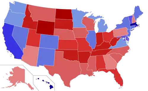 Upper house seats by party holding majority in each state Republican  50–60%  60–70%  70–80%  80–90%  90–100% Democratic  50–60%  60–70%  70–80%  80–90%  90–100%