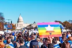 A sea of Israeli flags during The 2023 March for Israel Rally, including one Pride flag with the Star of David in the center