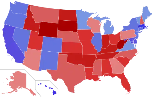 Upper house seats by party holding majority in each state Republican  50–60%  60–70%  70–80%  80–90%  90–100% Democratic  50–60%  60–70%  70–80%  80–90%  90–100%