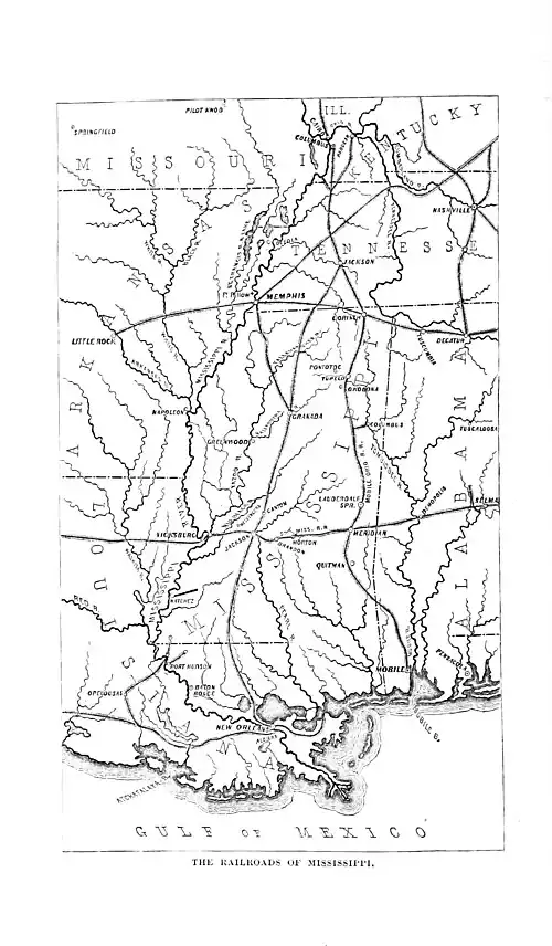 Sepia-tone map shows the railroads in Mississippi in the 1860s.