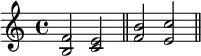 \new Voice \relative c' {
  \clef treble \key c \major \time 4/4 
  <b f'>2 <c e> \bar "||"
  <f b>2 <e c'> \bar "||"
}