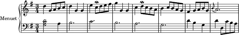 \header {
  tagline = ##f
}
upper = \relative c'' {
  \clef treble 
  \key g \major
  \time 3/4
  \tempo 2 = 72
  d4 g,8 a b c | d4 g, g | e' c8\mordent d e fis | g4 g, g | c d8\mordent c b a | b4 c8 b a g | fis4 g8 a b g | 
  \grace b8( a2.)
}
lower = \relative c' {
  \clef bass
  \key g \major
  \time 3/4
    < g b d >2 a4 | b2. c2. b2. a2. g2. | d'4 b g | d' d,8 c' b a 
}
\score {
  \new PianoStaff <<
    \set PianoStaff.instrumentName = #"Menuet"
    \new Staff = "upper" \upper
    \new Staff = "lower" \lower
  >>
  \layout {
    \context {
      \Score
      \remove "Metronome_mark_engraver"
    }
  }
  \midi { }
}