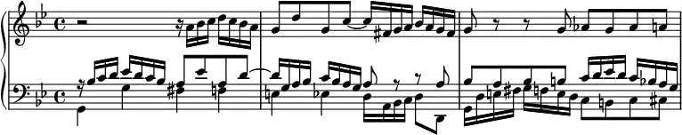 \new PianoStaff <<
 \new Staff \relative c'' {
  \key g \minor
  r2 r16 a bes c d c bes a |
  g8 d' g, c~ c16 fis, g a bes a g fis |
  g8 r r g as g as a |
 }
 \new Staff <<
  \new Voice \relative c' {
   \key g \minor \clef bass \voiceOne
   r16 bes c d es d c bes a8 es' a, d~ |
   d16 g, a bes c bes a g a8 r r a |
   bes8 a bes b c16 d es d c bes a g |
  }
  \new Voice \relative c {
   \voiceTwo
   g4 g' fis f |
   e4 es d16 a bes c d8 d, |
   g16 d' e fis g f e d c8 b c cis |
  }
 >>
>>