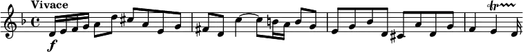 
    \relative c' {
        \time 4/4 \clef treble
        \key d \minor
        \tempo "Vivace"
        d16 \f e f g a8 d cis a e g
        fis d c'4~ c8 b16 a b8 g
        e g bes d, cis a' d, g
        f4 e \startTrillSpan d16 \stopTrillSpan
    }
