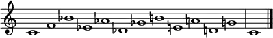 {
\omit Score.TimeSignature
\relative c' { \set Score.tempoHideNote = ##t \tempo 1 = 60 \time 12/1
  c1 f bes ees, aes des, ges b e, a d, g | c, \bar "|."
} }
\layout { \context {\Score \omit BarNumber} line-width = #100 }