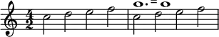 {
\time 4/2
c''2 d'' e'' f'' |
c''^\markup {
  \note {1.} #1
  =
  \note {1} #1
} d'' e'' f''
}