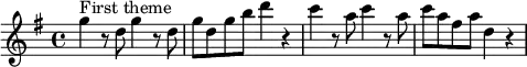 \layout { \set Score.tempoHideNote = ##t line-width = 12\cm }
\relative c''' { 
  \set Staff.midiInstrument = #"string ensemble 1"
  \tempo 4 = 148
  \key g \major
  \time 4/4
  g4^"First theme" r8 d8 g4 r8 d8 | g8 d g b d4 r4 | c4 r8 a8 c4 r8 a8 | c8 a fis a d,4 r4 |
}