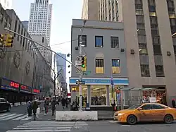 The corner building at the northwestern corner of 30 Rockefeller Plaza, at 50th Street and Sixth Avenue