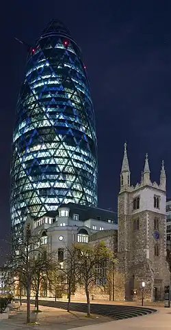 Image 130 St Mary Axe, London, widely known by the nickname "The Gherkin", and occasionally as a variant on The Swiss Re Tower, after its previous owner and principal occupier. Swiss Re is the world’s second-largest reinsurance company.