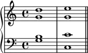 \new PianoStaff <<
      \new Staff <<
         \new Voice \relative c'' {
             \stemUp \clef treble \key c \major \time 4/4
             d1 e
             }
         \new Voice \relative c'' {
             \stemDown
              g1 g
              }
            >>
     \new Staff <<
         \new Voice \relative c' {
             \stemUp \clef bass \key c \major \time 4/4
             b1 c
             }
         \new Voice \relative c' {
             \stemDown
             g1 c, \bar "||"
             }
         >>
    >>