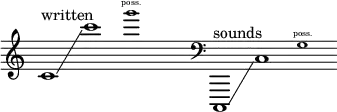 {
      \new Staff \with { \remove "Time_signature_engraver" }
      \clef treble \key c \major \cadenzaOn
      c'1 ^ \markup "written" \glissando c'''1
      \tweak font-size #-2 g'''1 \finger \markup \text "poss."
      \hide r1
      \clef bass
      c,,1 ^ \markup "sounds" \glissando c1
      \tweak font-size #-2 g1 \finger \markup \text "poss."
    }