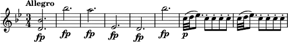 \relative c'' {
\key bes \major
\tempo "Allegro"
\time 3/4
<bes d,>2.\fp bes'\fp a\fp es,\fp d\fp bes''\fp c,32\p (d es8.) \repeat unfold 4 {c8-.} c32 (d es8.) \repeat unfold 4 {c8-.}
}
