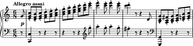 
\new PianoStaff <<
  \new Staff \relative c'' {
    \tempo "Allegro assai"
    \time 6/8
    \partial 8 g8 |
    <c g e>8-. <b f d>-. <c g e>-. <d a f>-. <e b g>-. <f c a>-. |
    <g d b>8-. <a e c>-. <b f d>-. <c g e>-. <d a f>-. <e c>-. |
    <c f>4-. <c e>8-. <c f>4-. <c e>8-. |
    <c d>4-. r8 r4 d,,8 |
    <g d b>8-. <fis c a>-. <g d b>-. <a e c>-. <b f d>-. <c g e>-. |
  }
  \new Dynamics { s8\p }
  \new Staff \relative c {
    \clef bass
    r8 |
    <c c,>4 r8 r4 r8 |
    r4 r8 r4 \clef treble g'''8-. |
    a4-. g8-. a4-. g8-. |
    fis4-. r8 r4 r8 |
    \clef bass <g,,, g,>4 r8 r4 r8 |
  }
>>
