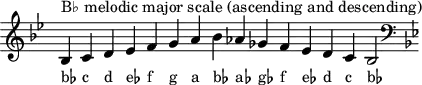 \header { tagline = ##f }
scale = \relative b { \key bes \major \omit Score.TimeSignature
  bes^"B♭ melodic major scale (ascending and descending)" c d es f g a bes as ges f es d c bes2 \clef F \key bes \major }
\score { { << \cadenzaOn \scale \context NoteNames \scale >> } \layout { } \midi { } }