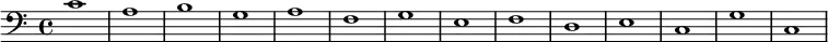 {
        \new Staff <<
            \new Voice \relative c' {
                \stemDown \clef bass \key c \major \time 4/4 \tempo 1 = 60 \set Score.tempoHideNote = ##t
                c1 a b g a f g e f d e c g' c,
                }
            >>
     }