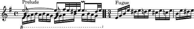 \version "2.18.2"
\header {
  tagline = ##f
}
\score {
  \new Staff \with {
%fontSize = #-2
  }
<<
  \relative c'' {
    \key e \minor
    \time 4/4
     %% INCIPIT CBT I-10, BWV 855, mi mineur
     << { e2~^\markup{Prelude} e8 fis32 e dis e e8.\prall dis32 e | } \\ { \set Staff.ottavation = #"8" \once \override Staff.OttavaBracket.direction = #DOWN \repeat unfold 2 { e,16 g a b a b a g } \unset Staff.ottavation } \\ { \repeat unfold 2 { < b g >8 s8 s4 }} >> \bar ".."
     \time 3/4
      e,16^\markup{Fugue} g b e dis e d e cis e c e | b e dis e
  }
>>
  \layout {
     \context { \Score \remove "Metronome_mark_engraver" 
     \override SpacingSpanner.common-shortest-duration = #(ly:make-moment 1/2) 
}
  }
  \midi {}
}