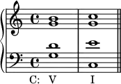 \new PianoStaff <<
      \new Staff <<
         \new Voice \relative c'' {
             \stemUp \clef treble \key c \major \time 4/4
             b1 c 
             }
         \new Voice \relative c'' {
             \stemDown
              g1 g
              }
            >>
     \new Staff <<
         \new Voice \relative c' {
             \stemUp \clef bass \key c \major \time 4/4
             d1 e
             }
         \new Voice \relative c' {
             \stemDown
             g1_\markup { \concat { \translate #'(-4 . 0) { "C:   V" \hspace #7 "I" } } }
             c, \bar "||"
             }
         >>
    >>