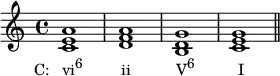 {
\relative c' { 
  \clef treble 
  \time 4/4
  <c e a>1_\markup { \concat { \translate #'(-4 . 0) { "C:   vi" \raise #1 \small  "6" \hspace #5.5 "ii" \hspace #6.5 "V" \raise #1 \small  "6" \hspace #6.2 "I" } } }
  <d f a> 
  <b d g> 
  <c e g> \bar "||"
} }