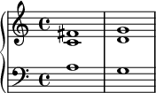 \new PianoStaff <<
      \new Staff <<
         \new Voice \relative c' {
             \stemUp \clef treble \key c \major \time 4/4
             fis1 g
             }
         \new Voice \relative c' {
             \stemDown
              c1 d
              }
            >>
     \new Staff <<
         \new Voice \relative c' {
             \clef bass \key c \major \time 4/4
             a1 g
             }
         >>
    >>