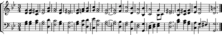 \new ChoirStaff <<
\new Staff {
\time 3/4
\key g \minor
\relative c'' {
<g d> <g d> <fis c> |
<g d>2 <bes f>4 |
<a f>2 <g d>4 | <fis d>2. |
<g d>4 <a f!> <bes f> |
<c g> <a f>2 <g d>2. ~ <g d>2 <d' f,>4 |
<c f,>2 <bes d,>4 |
<a d,>2 <bes bes,>4 |
<a c,>2
<< { \voiceOne g4 }
\new Voice { \voiceTwo bes,8 c } >>
\oneVoice <fis d>2. |
<g bes,>4 <fis c> <g d> |
<c ees,> <a d,>2 | <b d,>2. \bar "|."
}
}
\new Staff {
\time 3/4
\key g \minor
\clef bass
<bes g>4 <bes g> <c' a> |
<bes g>2 <d' d>4 |
<c' f>2 <bes g>4 |
<a d>2. | <bes g>4 <c' f> <d' d> |
<ees' c> <c' f>2 | <bes g>2. ~ <bes g>2 <bes d>4 |
<a f>2 <bes bes,>4 | <f d>2 <g g,>4 |
<ees c>( <f d>) <g ees> | <a d>2. |
<d' bes>4 <c' a> <bes g> | <a c>
<< { \voiceOne g( fis) }
\new Voice { \voiceTwo d2 } >>
\oneVoice <g g,>2. \bar "|."
}
>>