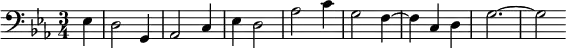 \relative c { \clef bass \key ees \major \time 3/4 \partial 4*1 ees | d2 g,4 | aes2 c4 | ees d2 | aes' c4 | g2 f4~ | f c d | g2.~ | g2 }