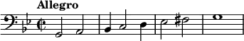 \relative c {
   \clef bass 
   \time 2/2
   \key g \minor
   \tempo "Allegro"
   g2 a bes4 c2 d4 es2 fis g1
}
