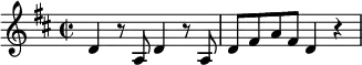 \relative c' {
\key d \major
\time 2/2
d4 r8 a d4 r8 a |
d fis a fis d4 r |
}
