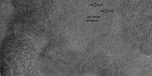 Low center polygons, shown with arrows, as seen by HiRISE under HiWish program. Image was enlarged with HiView.